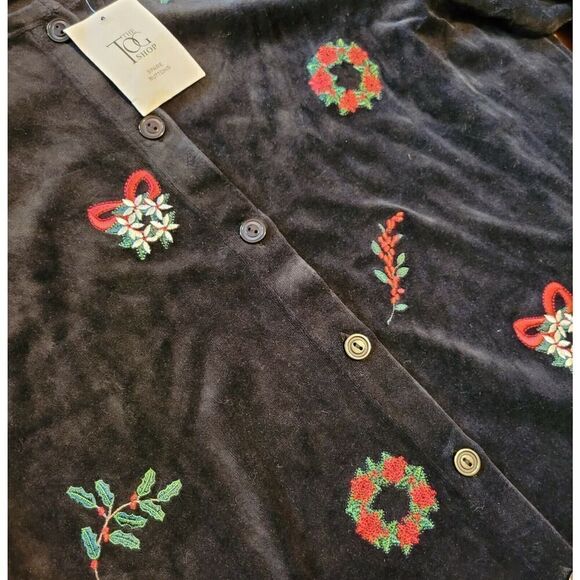 The Tog Shop Christmas Themed Velvet Embroidered Bows Wreaths & Berries Sweater - Picture 2 of 3